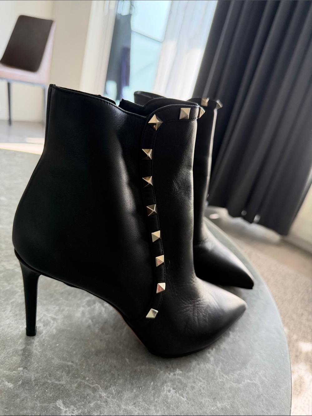 Valentino Leather Black Studded Pointed-Toe Ankle Boots